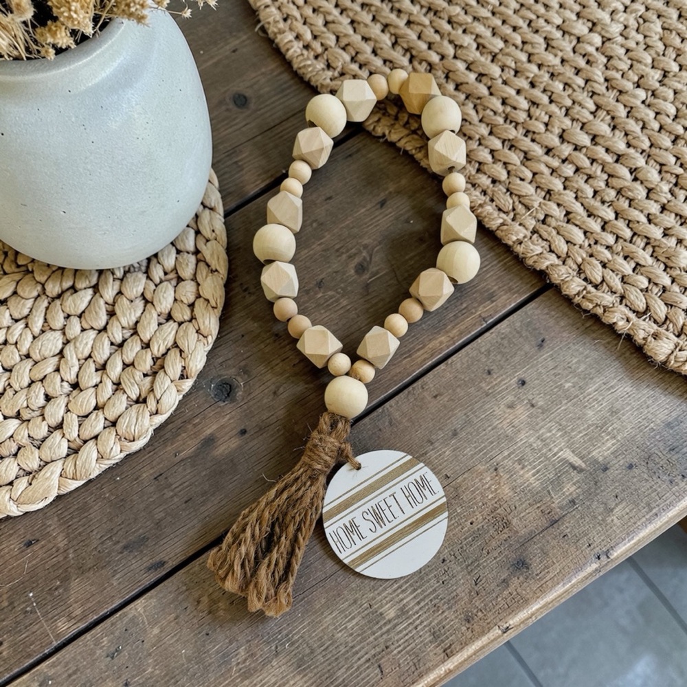 Neutral Wood Bead Garland with Tassel - Home Sweet Home
